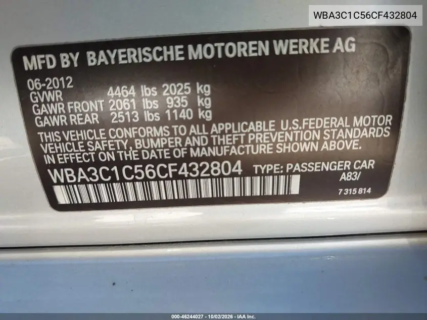 2012 BMW 3ER VIN WBA3C1C56CF432804 — фото 9