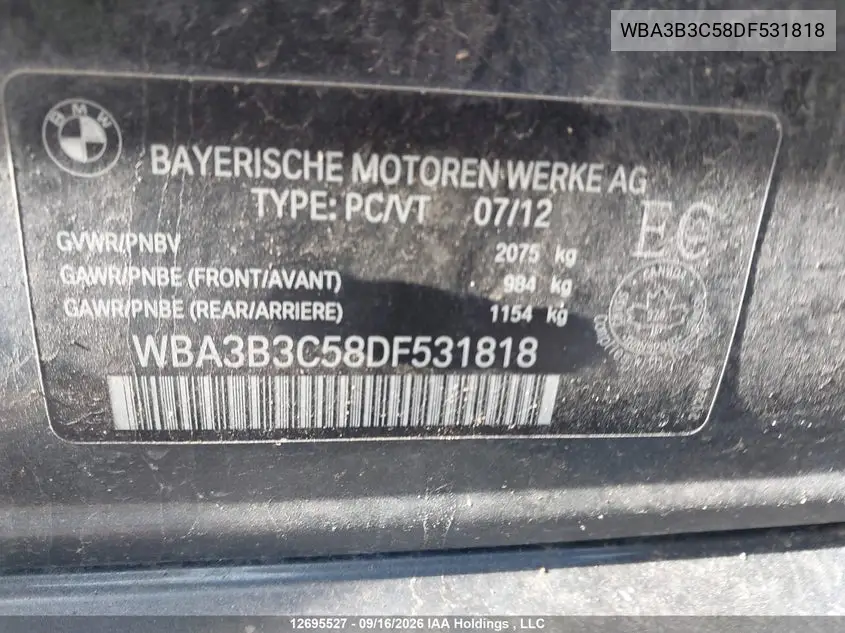 2013 BMW 3ER VIN WBA3B3C58DF531818 — фото 9