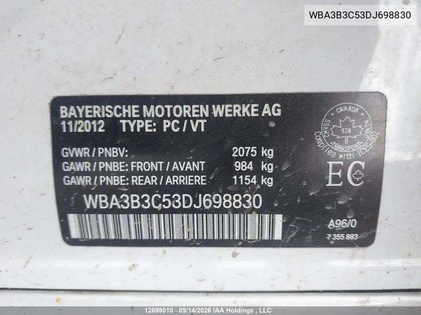 2013 BMW 3ER VIN WBA3B3C53DJ698830 — фото 19
