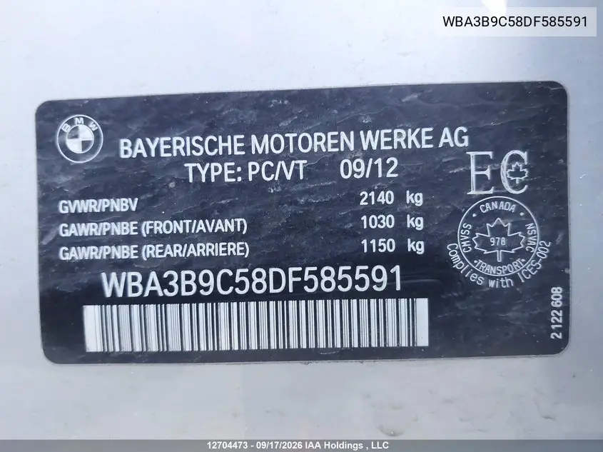2013 BMW 3ER VIN WBA3B9C58DF585591 — фото 9