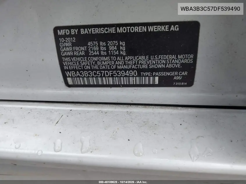 2013 BMW 3ER VIN WBA3B3C57DF539490 — фото 9