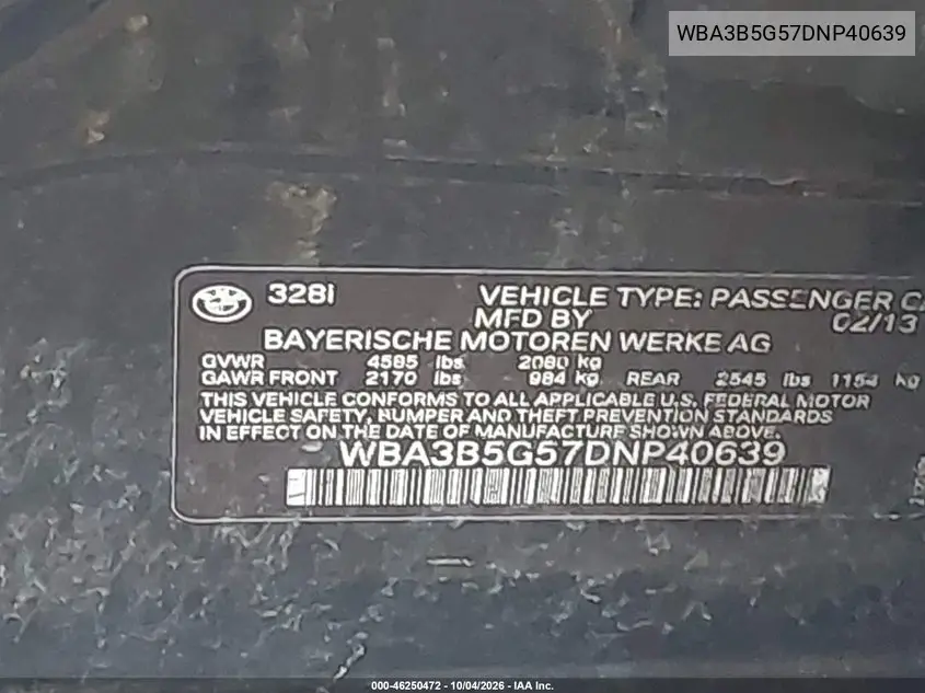 2013 BMW 3ER VIN WBA3B5G57DNP40639 — фото 9