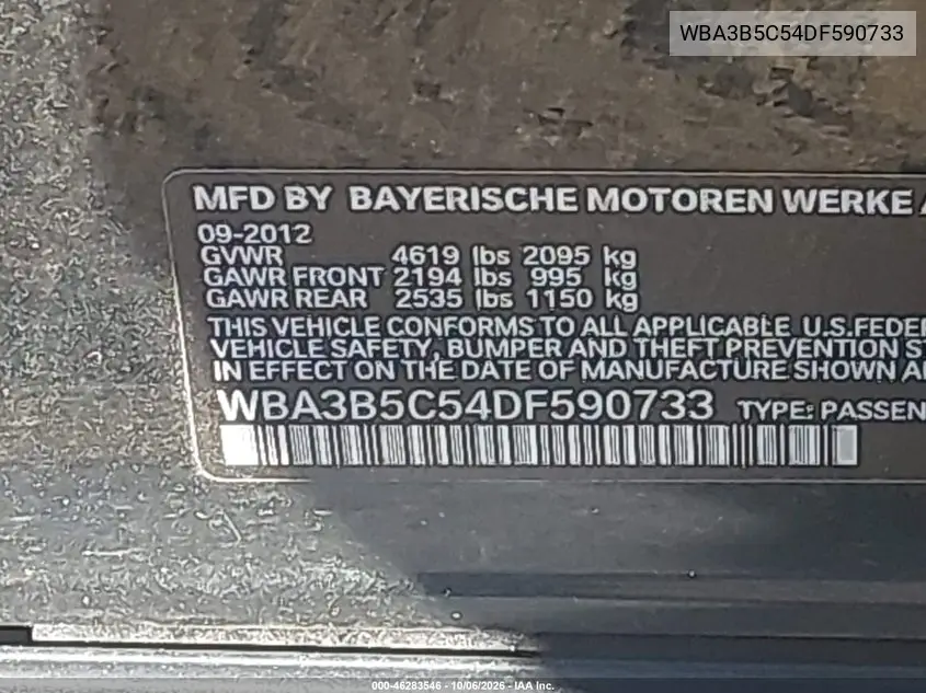 2013 BMW 3ER VIN WBA3B5C54DF590733 — фото 9