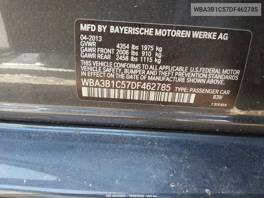 2013 BMW 3ER VIN WBA3B1C57DF462785 — фото 9