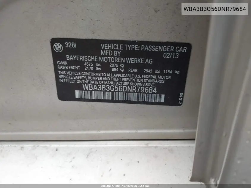 2013 BMW 3ER VIN WBA3B3G56DNR79684 — фото 9