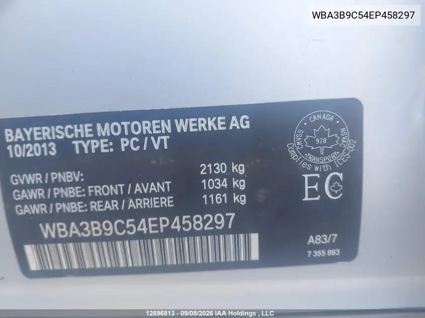 2014 BMW 3ER VIN WBA3B9C54EP458297 — фото 9