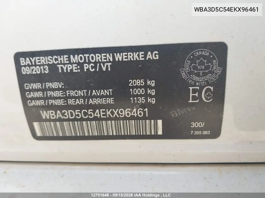 2014 BMW 3ER VIN WBA3D5C54EKX96461 — фото 9