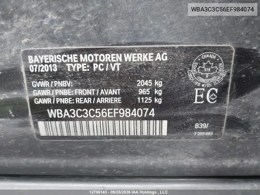 2014 BMW 3ER VIN WBA3C3C56EF984074 — фото 9