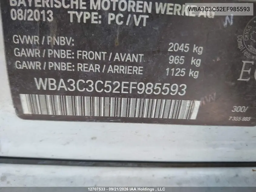 2014 BMW 3ER VIN WBA3C3C52EF985593 — фото 19