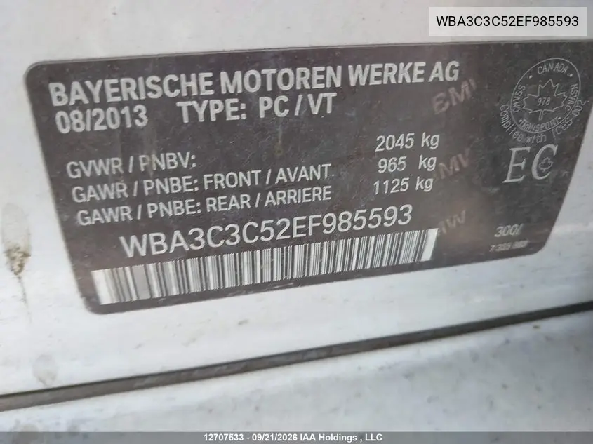 2014 BMW 3ER VIN WBA3C3C52EF985593 — фото 9
