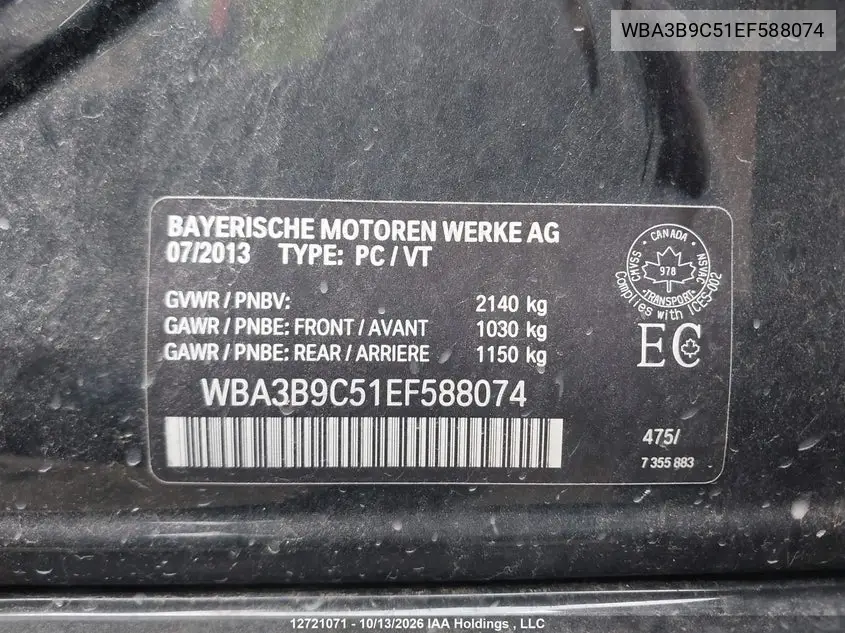 2014 BMW 3ER VIN WBA3B9C51EF588074 — фото 9