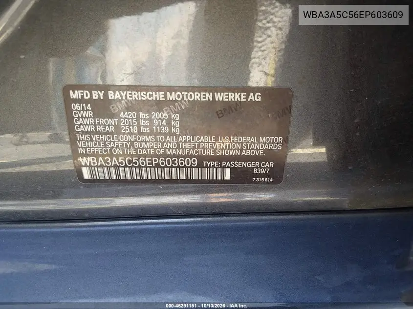 2014 BMW 3ER VIN WBA3A5C56EP603609 — фото 9