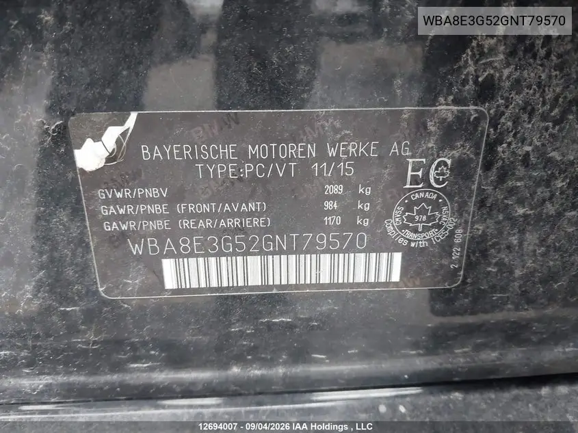 2016 BMW 3ER VIN WBA8E3G52GNT79570 — фото 18