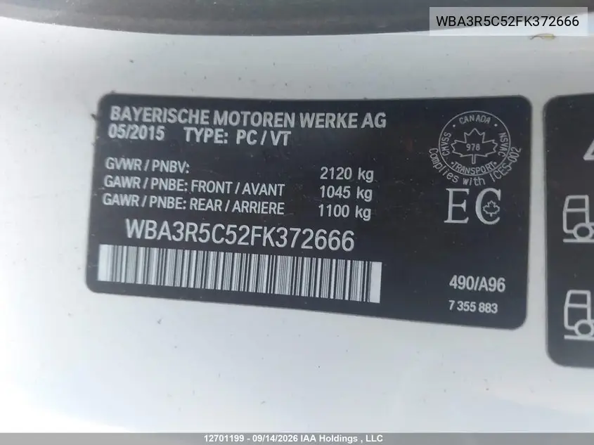 2015 BMW 4ER VIN WBA3R5C52FK372666 — фото 9
