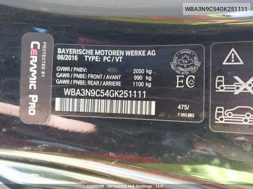 2016 BMW 4ER VIN WBA3N9C54GK251111 — фото 9