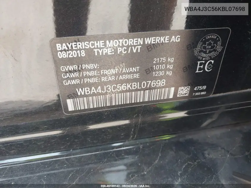 2019 BMW 4ER VIN WBA4J3C56KBL07698 — фото 9