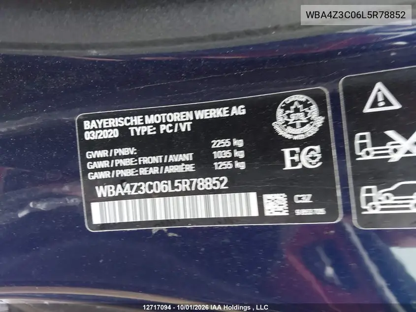 2020 BMW 4ER VIN WBA4Z3C06L5R78852 — фото 9