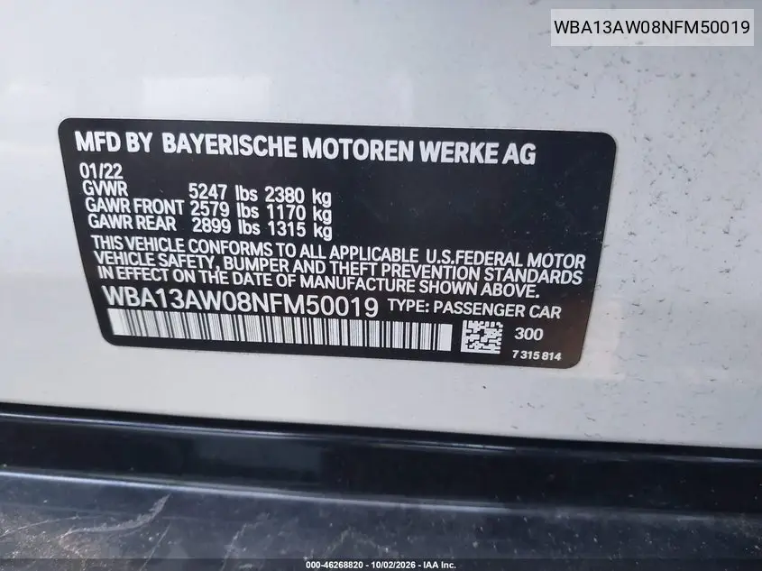2022 BMW 4ER VIN WBA13AW08NFM50019 — фото 9