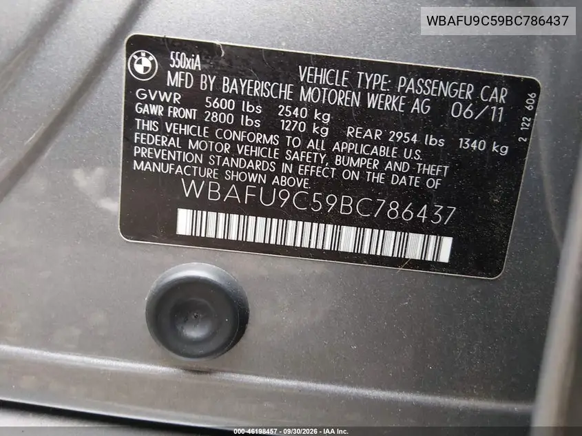 BMW 5ER 2011, VIN WBAFU9C59BC786437