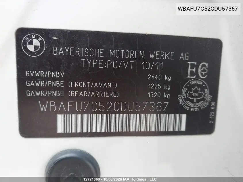2012 BMW 5ER VIN WBAFU7C52CDU57367 — фото 10