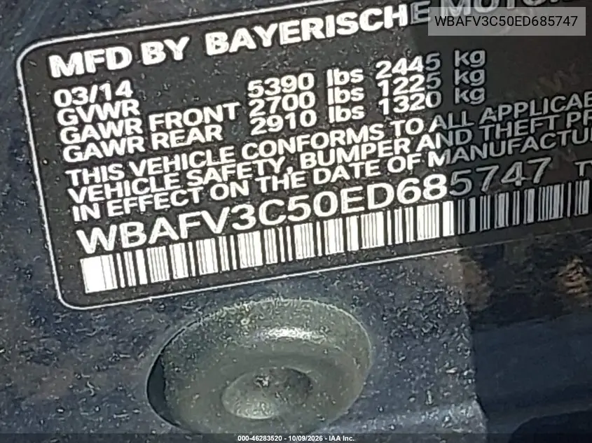 2014 BMW 5ER VIN WBAFV3C50ED685747 — фото 9