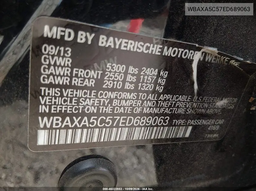 2014 BMW 5ER VIN WBAXA5C57ED689063 — фото 9