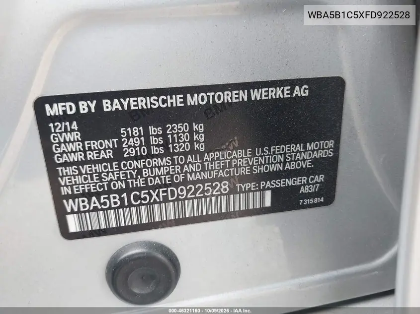 2015 BMW 5ER VIN WBA5B1C5XFD922528 — фото 9