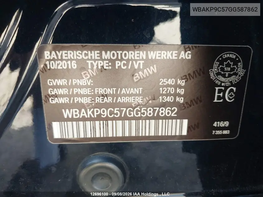 2016 BMW 5ER VIN WBAKP9C57GG587862 — фото 9
