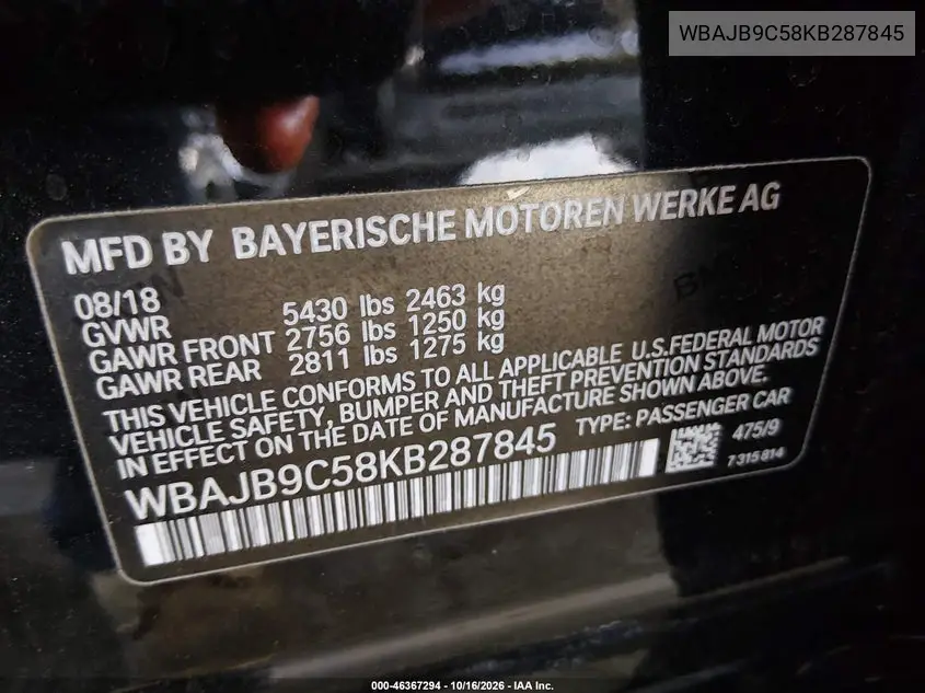 2019 BMW 5ER VIN WBAJB9C58KB287845 — фото 9
