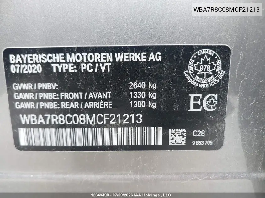 2021 BMW 7ER VIN WBA7R8C08MCF21213 — фото 9