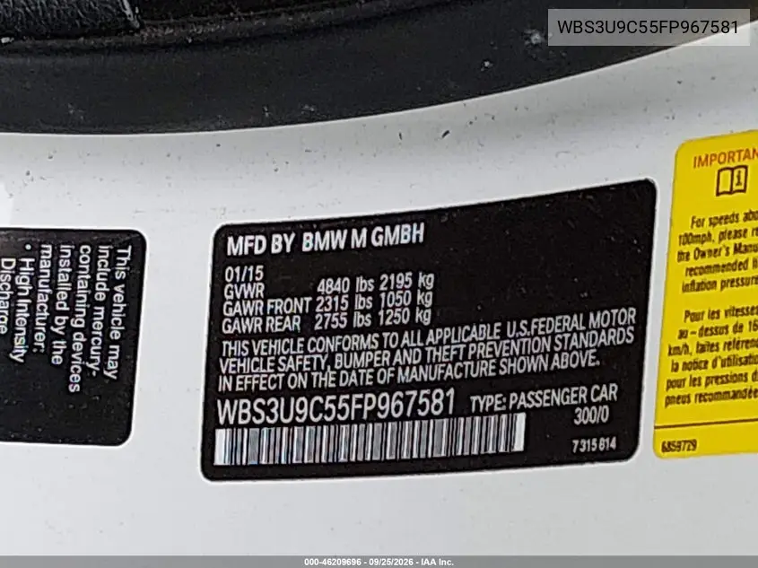 2015 BMW M4 VIN WBS3U9C55FP967581 — фото 9