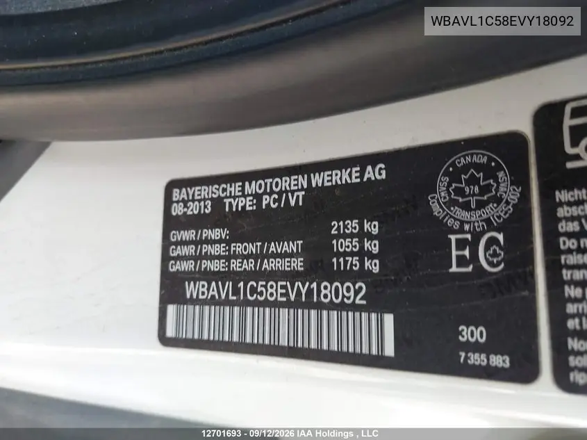 2014 BMW X1 VIN WBAVL1C58EVY18092 — фото 9