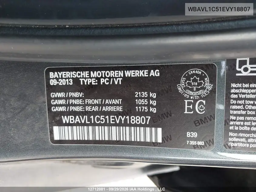 2014 BMW X1 VIN WBAVL1C51EVY18807 — фото 9