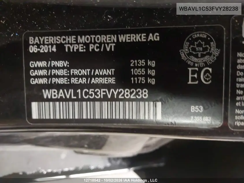 2015 BMW X1 VIN WBAVL1C53FVY28238 — фото 9