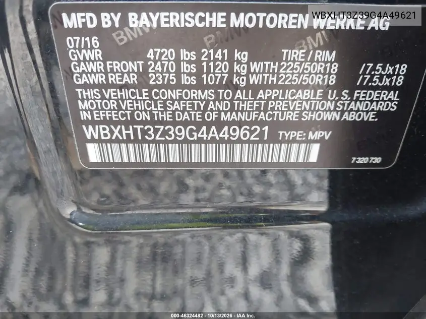 2016 BMW X1 VIN WBXHT3Z39G4A49621 — фото 9