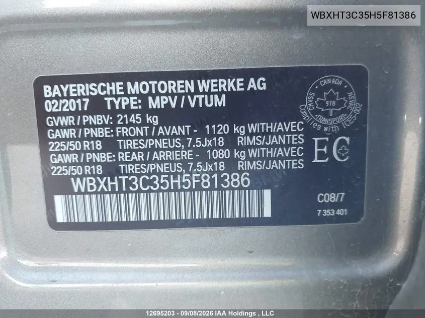 2017 BMW X1 VIN WBXHT3C35H5F81386 — фото 19