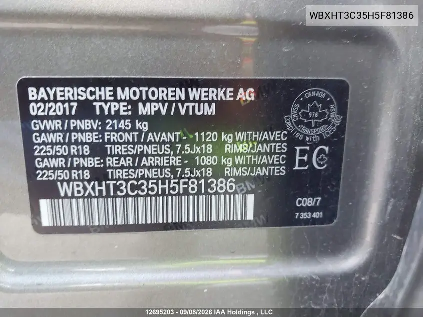 2017 BMW X1 VIN WBXHT3C35H5F81386 — фото 9