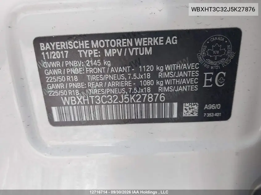 2018 BMW X1 VIN WBXHT3C32J5K27876 — фото 9