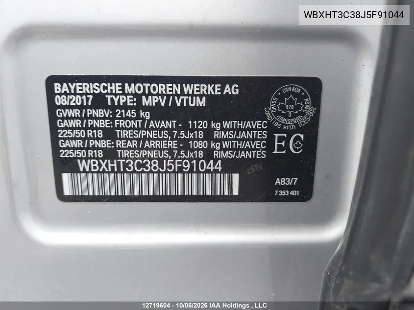 2018 BMW X1 VIN WBXHT3C38J5F91044 — фото 9