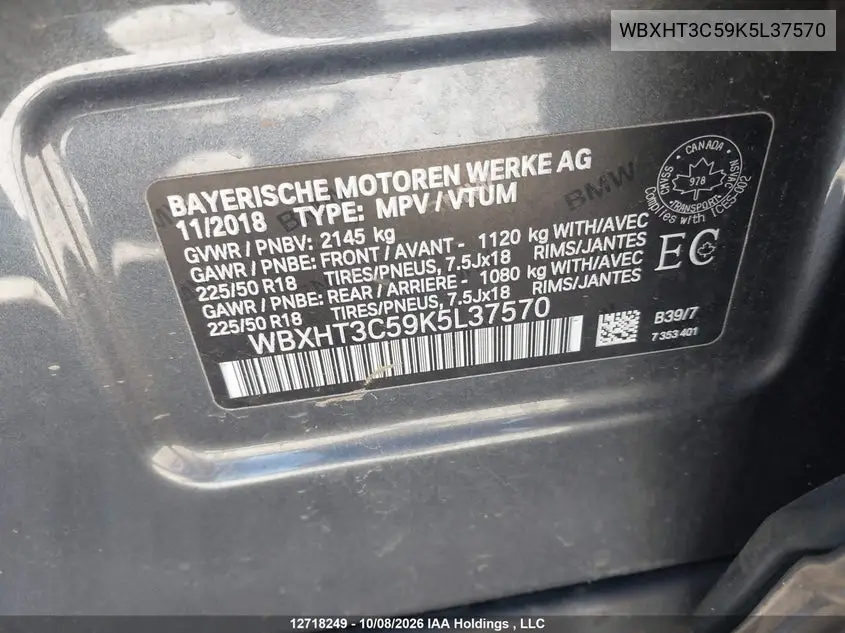 2019 BMW X1 VIN WBXHT3C59K5L37570 — фото 10