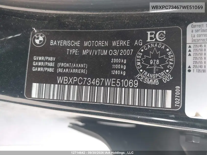 2007 BMW X3 VIN WBXPC73467WE51069 — фото 9