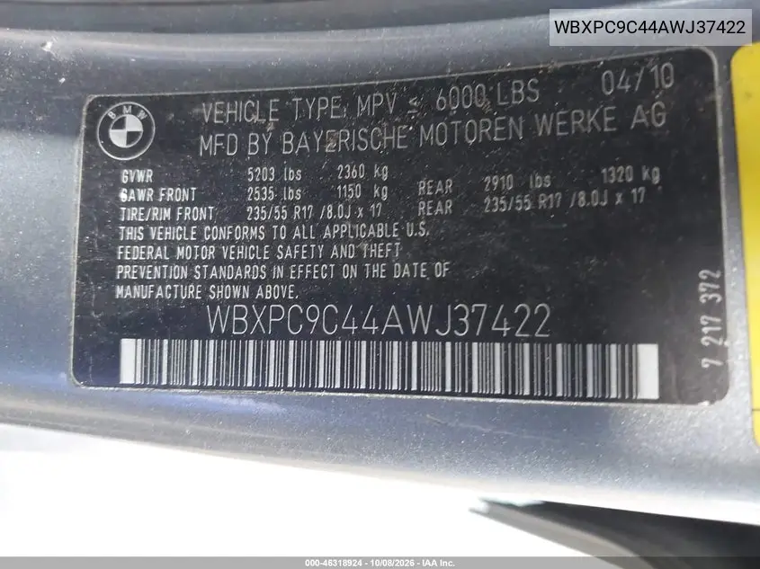 2010 BMW X3 VIN WBXPC9C44AWJ37422 — фото 9