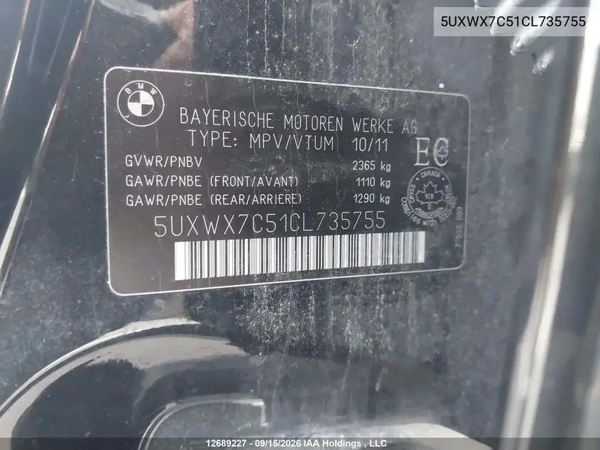 2012 BMW X3 VIN 5UXWX7C51CL735755 — фото 9