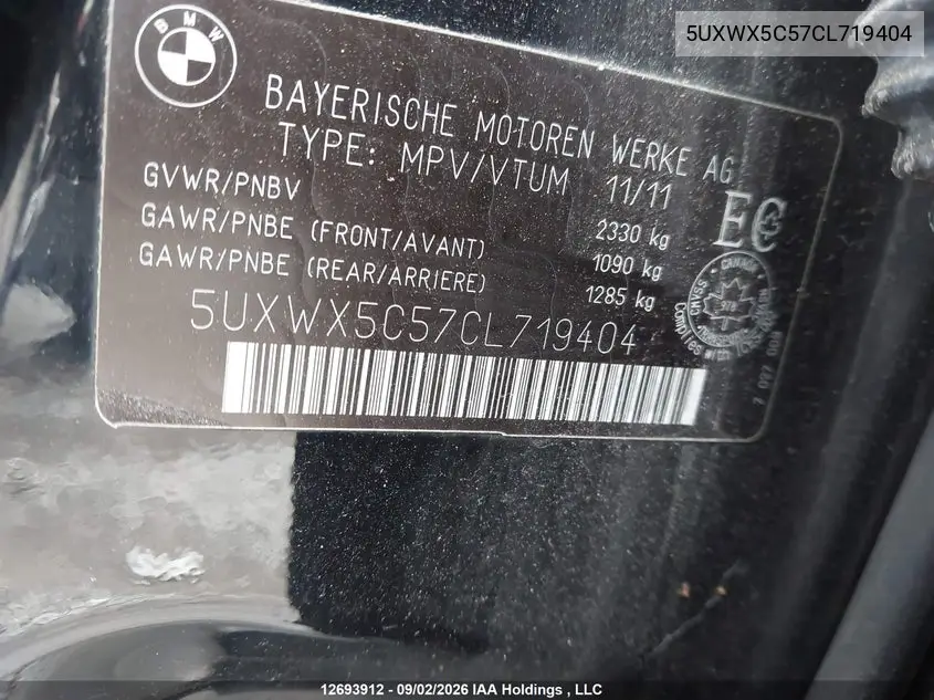 2012 BMW X3 VIN 5UXWX5C57CL719404 — фото 9