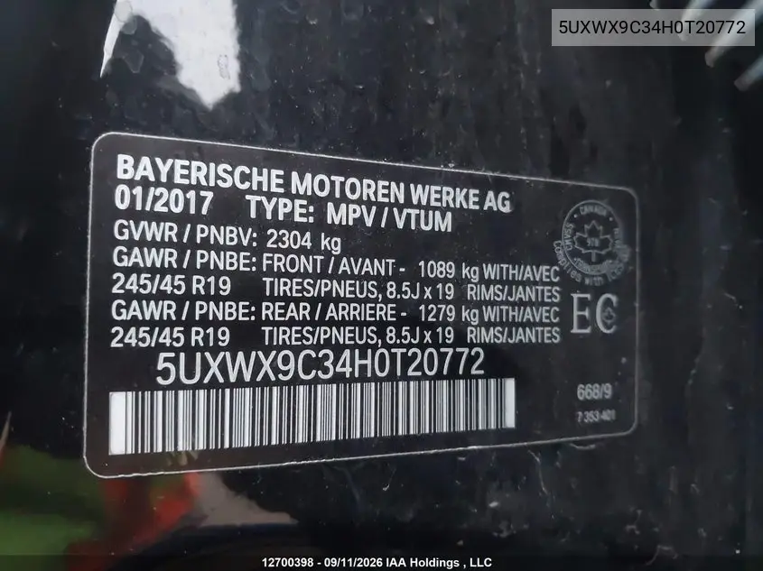 2017 BMW X3 VIN 5UXWX9C34H0T20772 — фото 9