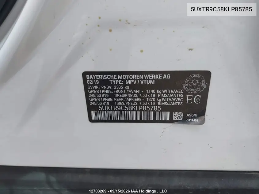 2019 BMW X3 VIN 5UXTR9C58KLP85785 — фото 9