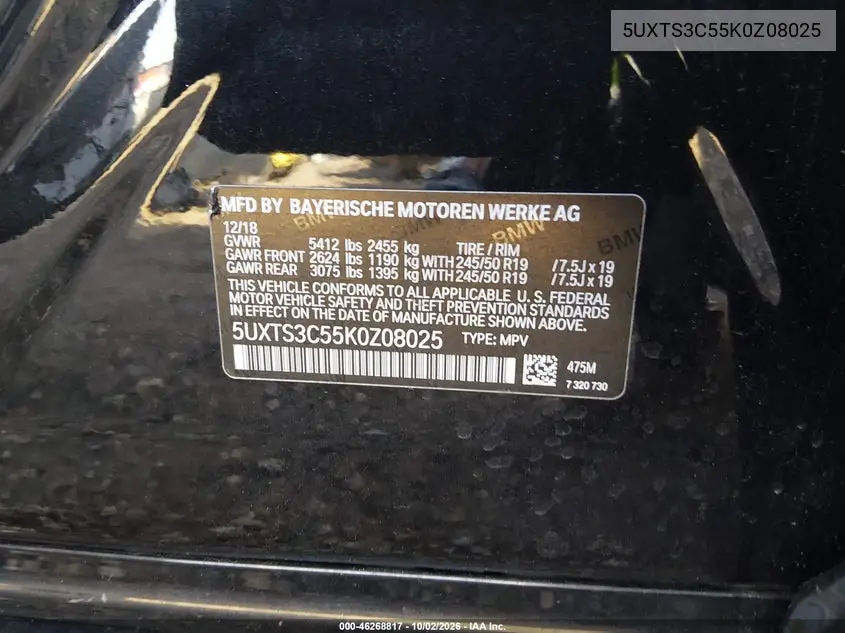 2019 BMW X3 VIN 5UXTS3C55K0Z08025 — фото 9