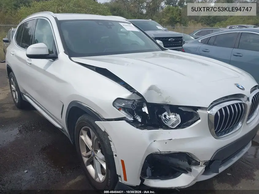 BMW X3 2019, VIN 5UXTR7C53KLE94747