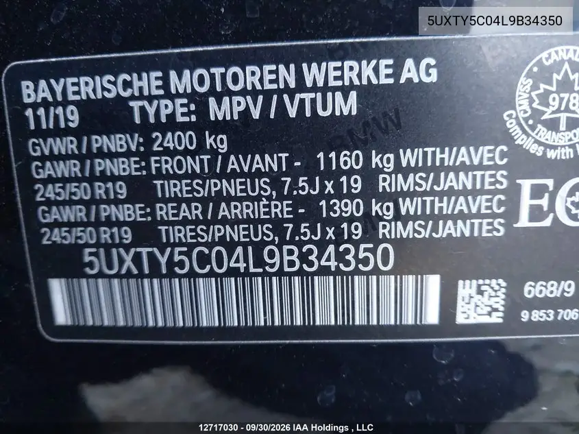 2020 BMW X3 VIN 5UXTY5C04L9B34350 — фото 18