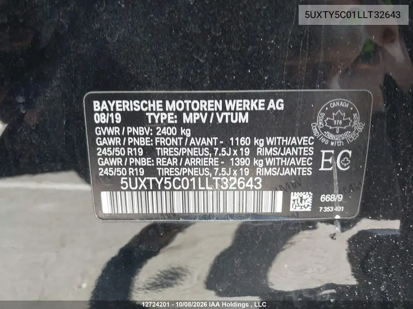 2020 BMW X3 VIN 5UXTY5C01LLT32643 — фото 9